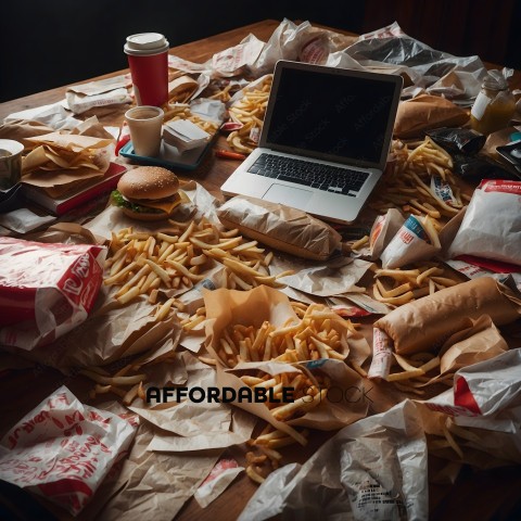 A messy table with a laptop, french fries, and other food items