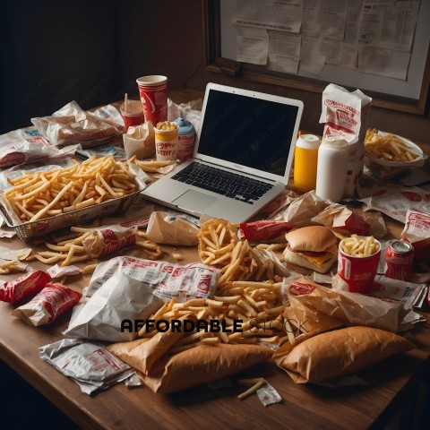 A table full of food and a laptop