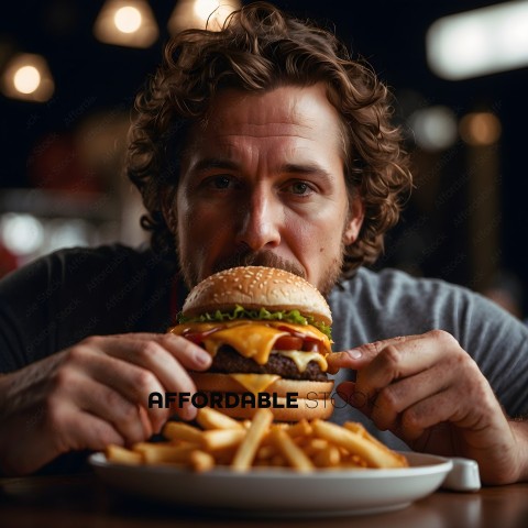Man Eating a Large Cheeseburger with French Fries