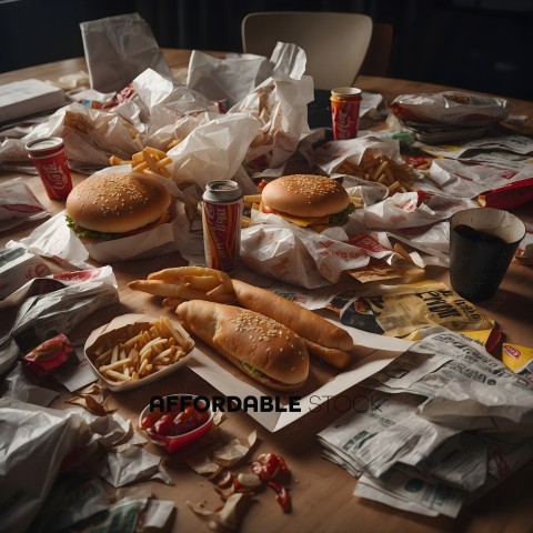 A messy table with a lot of food on it