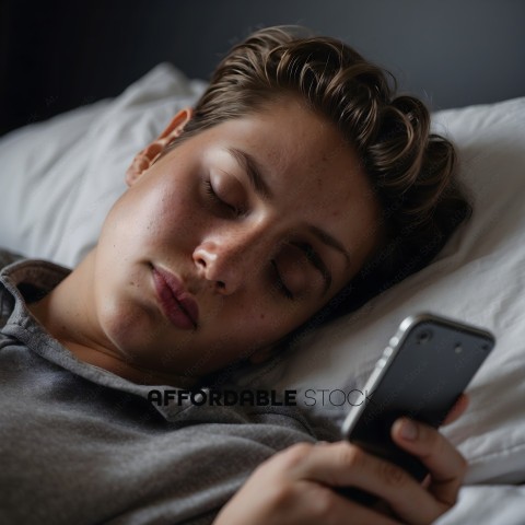 A young man in bed looking at his cell phone