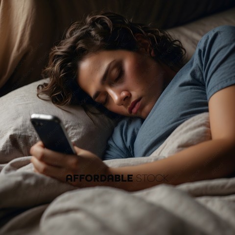 A woman in bed looking at her cell phone
