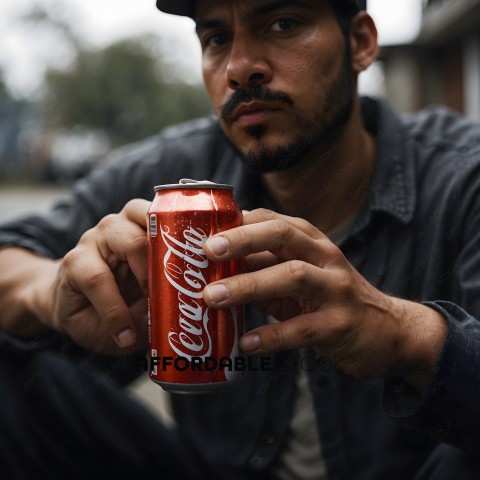 Man holding a can of coca cola