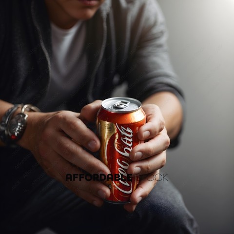 A man holding a can of coke