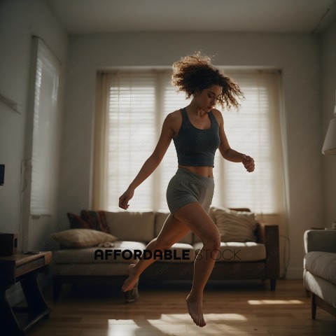 A woman in a gray tank top and gray shorts is jumping in a living room