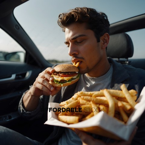 Man Eating Fries and Burger in Car