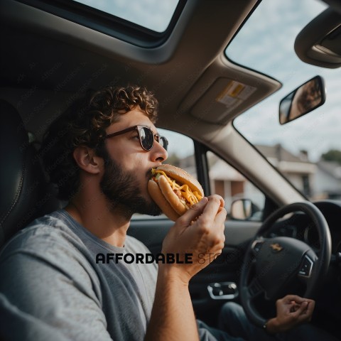 Man Eating a Hot Dog in a Car