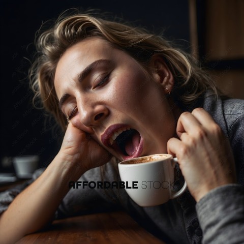 A woman drinking a cup of coffee while sleeping