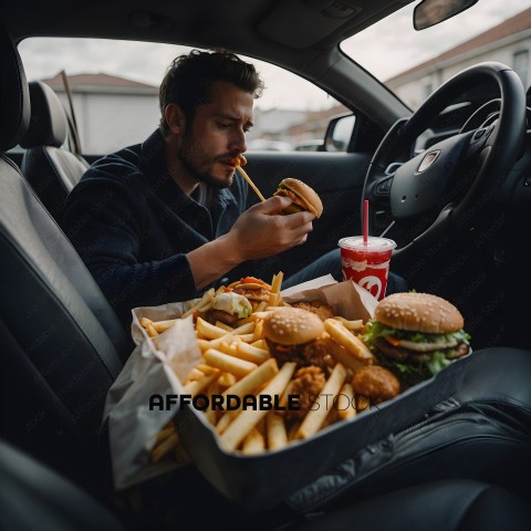 Man Eating Fast Food in Car