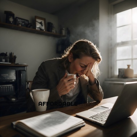 A woman in a suit drinking coffee while working on a laptop