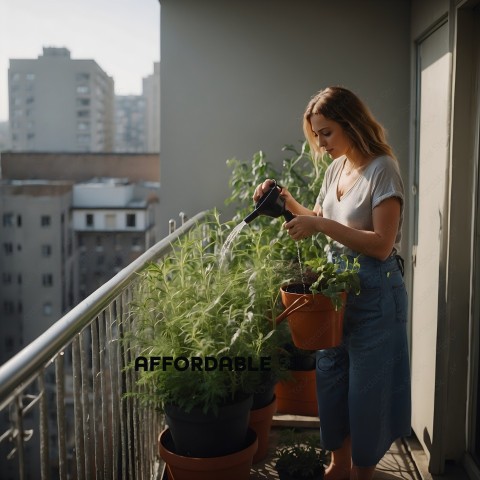 A woman watering plants on a balcony