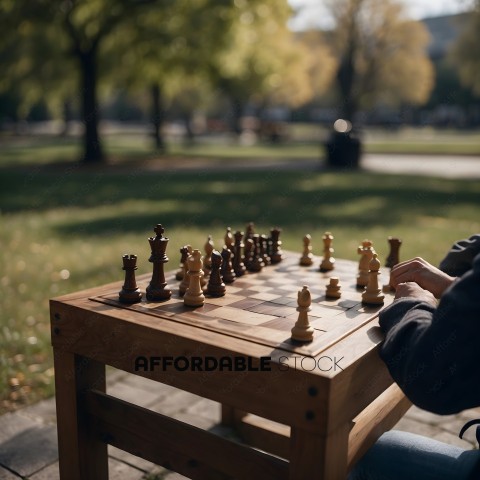 A person playing chess outside on a wooden table
