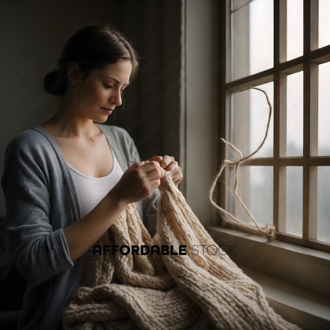 A woman knitting a sweater in a window