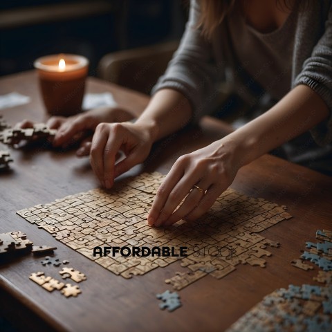 A woman playing a puzzle game with pieces on a wooden table