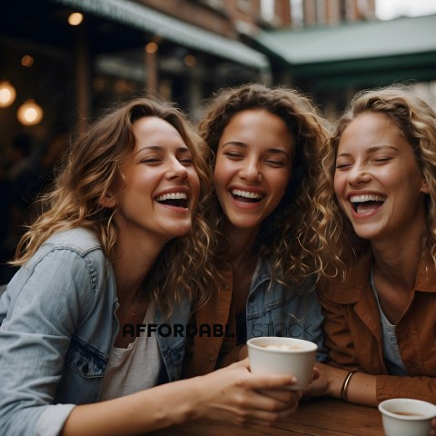 Three women laughing and drinking coffee
