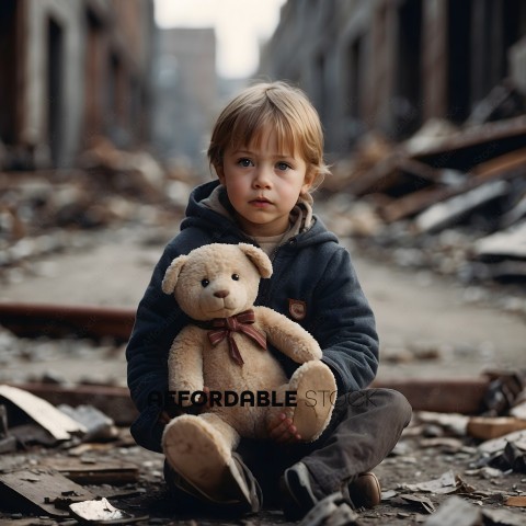 A young child sitting on the ground holding a teddy bear