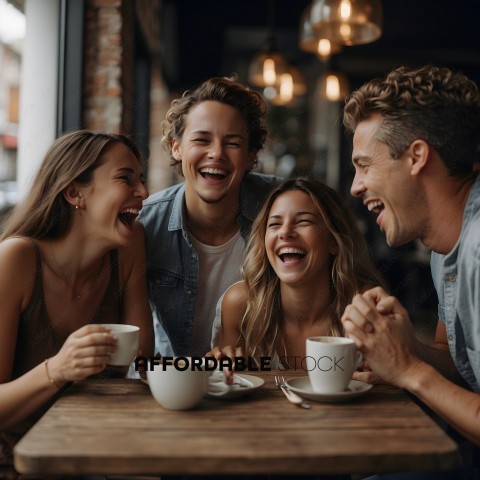Four friends laughing together at a table