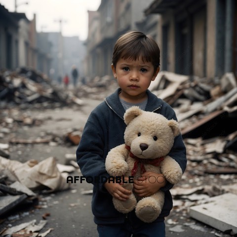 A young boy holding a teddy bear in a destroyed city