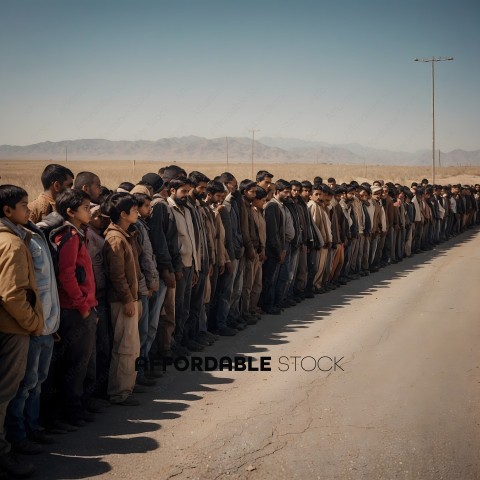 A group of men standing in a line on a road