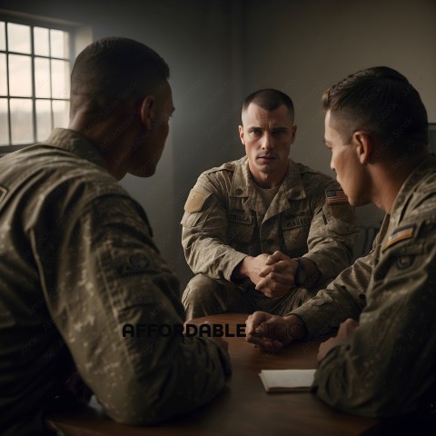 Three Soldiers in Army Uniforms Sitting at a Table