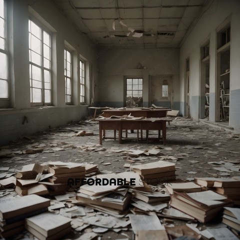 A room with a mess of books and a broken window