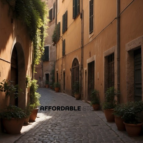 A narrow alleyway between two buildings with potted plants