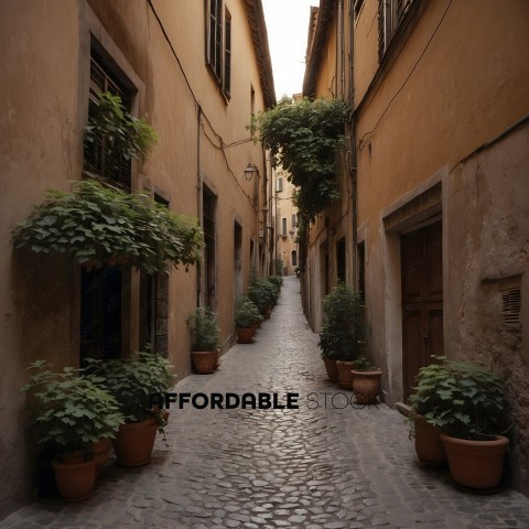 A narrow alleyway with potted plants and a cobblestone floor