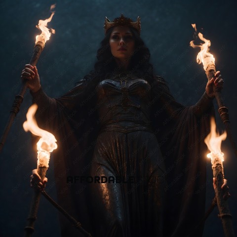 A woman in a costume with fire in her hands