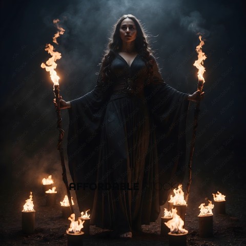 A woman in a black dress stands in front of a fire
