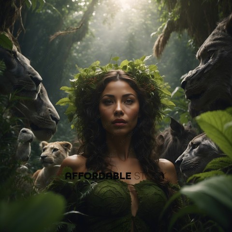 A woman in a jungle setting with a crown of leaves on her head
