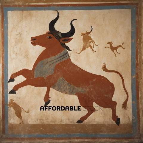 A painting of a bull with a blue and red border