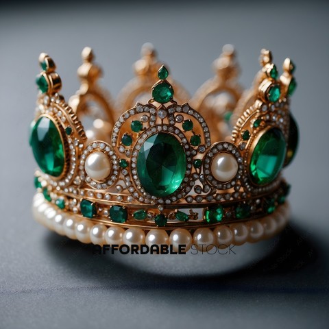 A gold crown with green and white gems