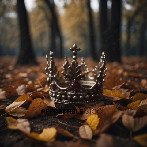 A crown sits on a bed of leaves in a forest
