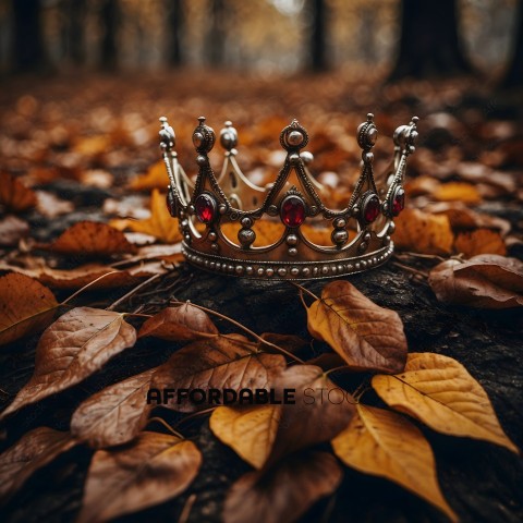 A crown sits on a bed of leaves