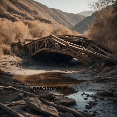 A bridge over a river with a mountain in the background