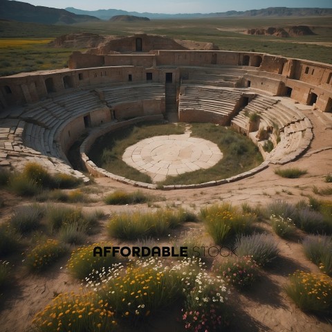 An ancient ruin with a circular seating area and a field of flowers