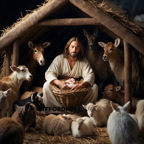 Jesus in a manger with sheep and goats