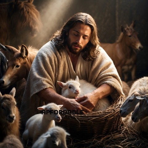 Jesus holding a lamb in a basket surrounded by sheep