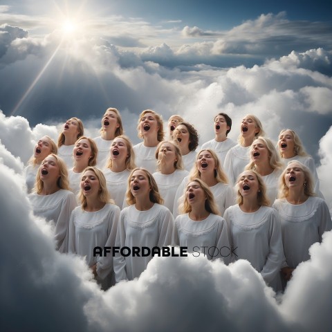 A choir of blond women singing in the clouds