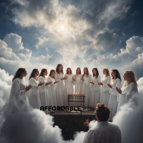 A choir of women in white robes sing in a cloudy sky