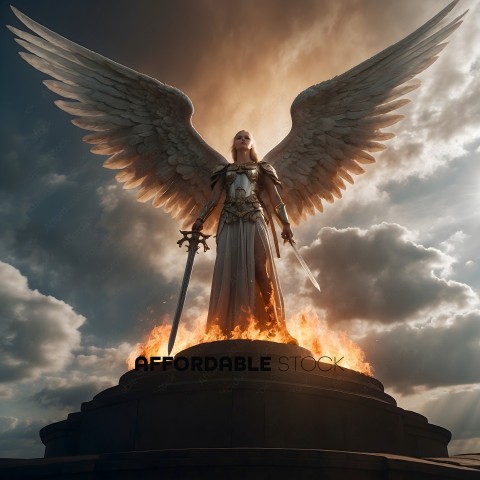 A winged figure stands on a pedestal, holding a sword and a shield