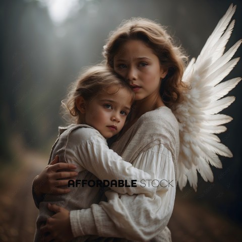 Two young girls, one with wings, hugging