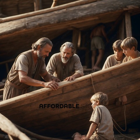 Men and children working on a boat