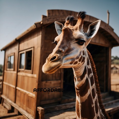 A giraffe standing in front of a wooden building