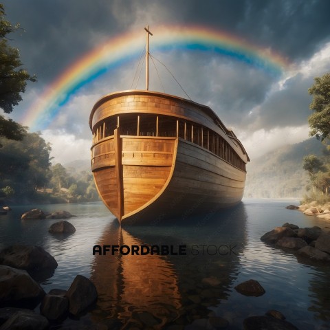 A large wooden boat with a rainbow in the background