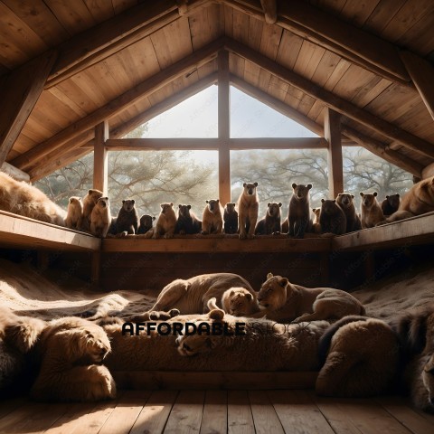 A group of animals, including lions and dogs, are sitting in a wooden room