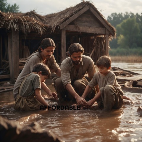 Family washing hands in a muddy river