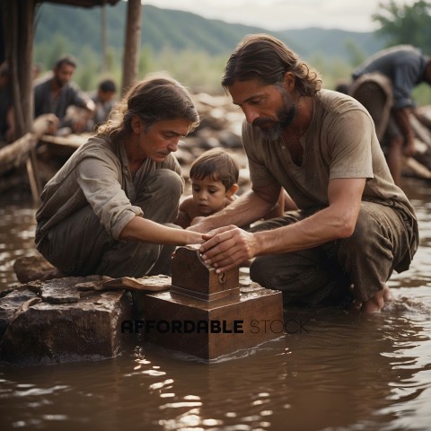 A man and a woman kneel in a muddy river to wash a child