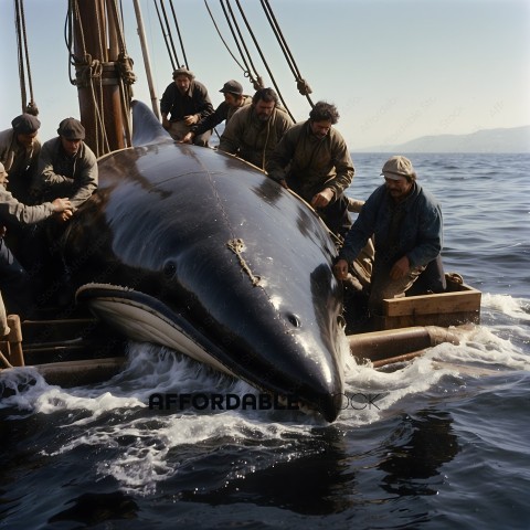 Men on a boat with a whale