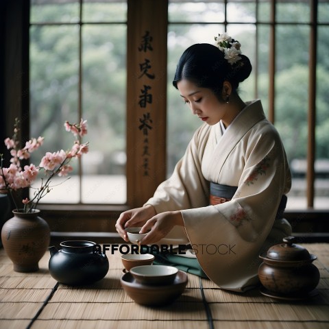 A woman in a kimono pours tea